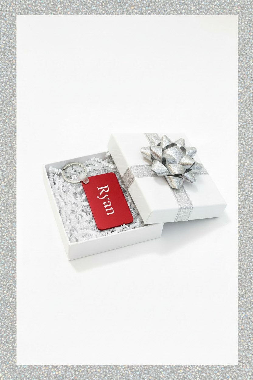 A personalized red keychain with the name 'Ryan' in white script, presented inside an open white gift box with white crinkle paper and a silver ribbon bow on a white background and silver border. Roxzell