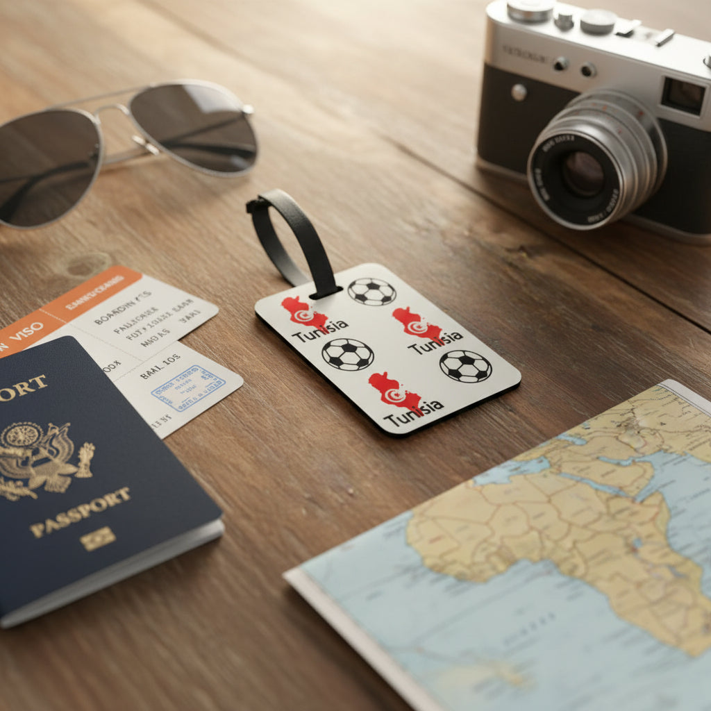 Tunisia map and soccer ball pattern printed on durable luggage tag on a desk with a passport, camera, sunglasses and other travel related items. Roxzell
