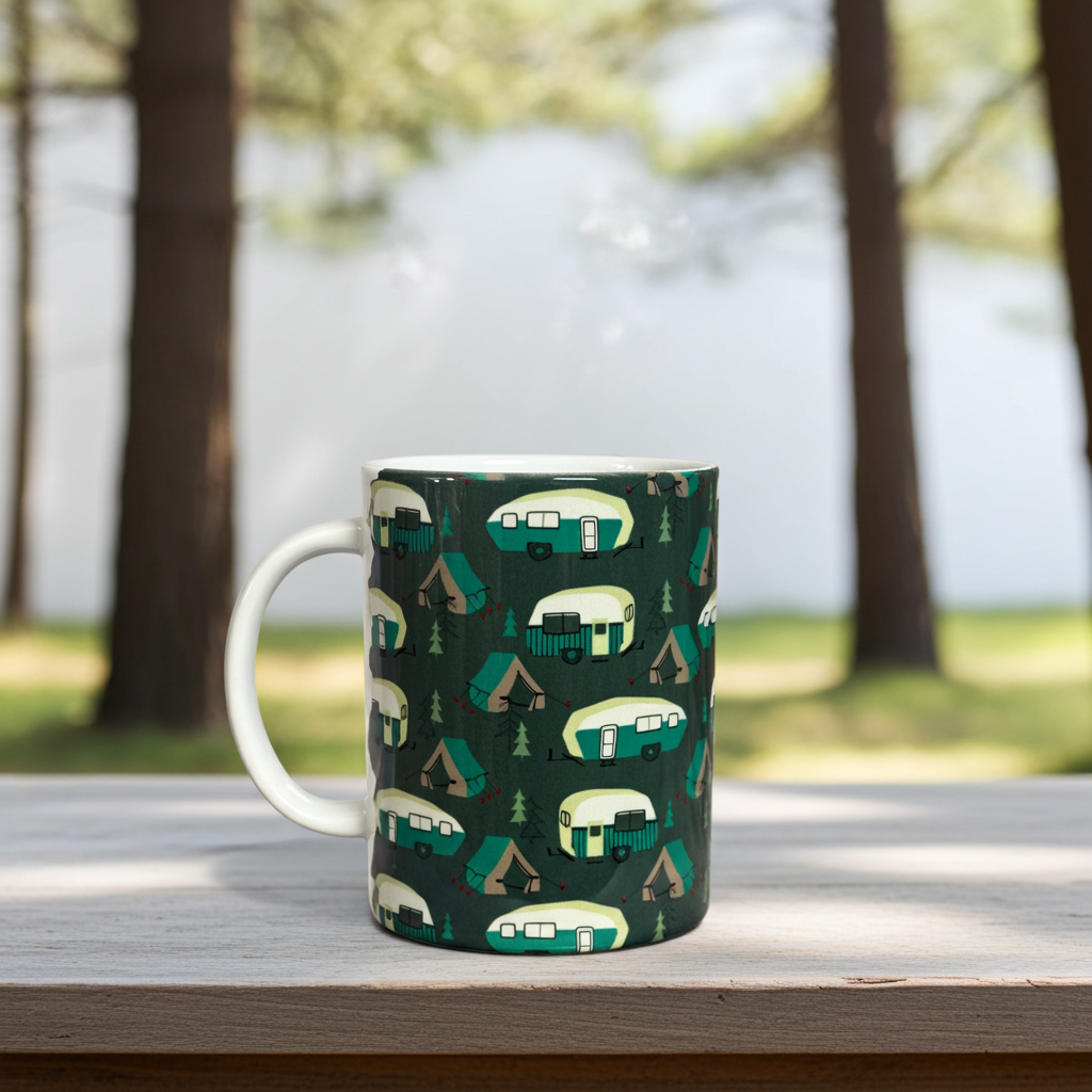 A ceramic mug with a dark green camping-themed pattern of campers, tents, and trees, sitting on a wooden table with a blurred outdoor forest background. Roxzell