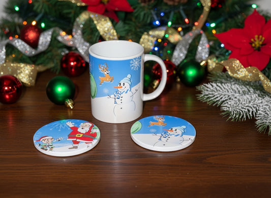 Right side of Santa Claus mug and 2 matching coasters on a gray countertop, Roxzell