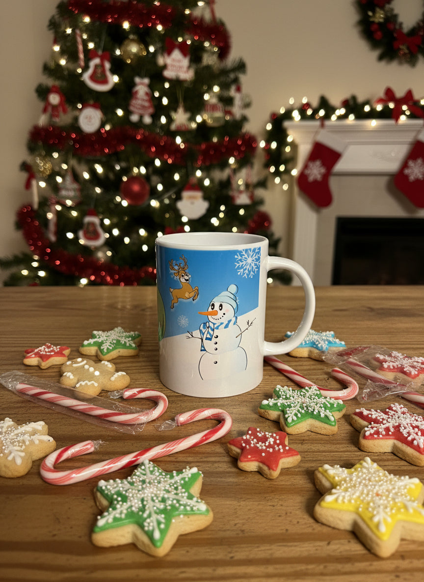 Christmas coffee mug with reindeer and snowman, Roxzell