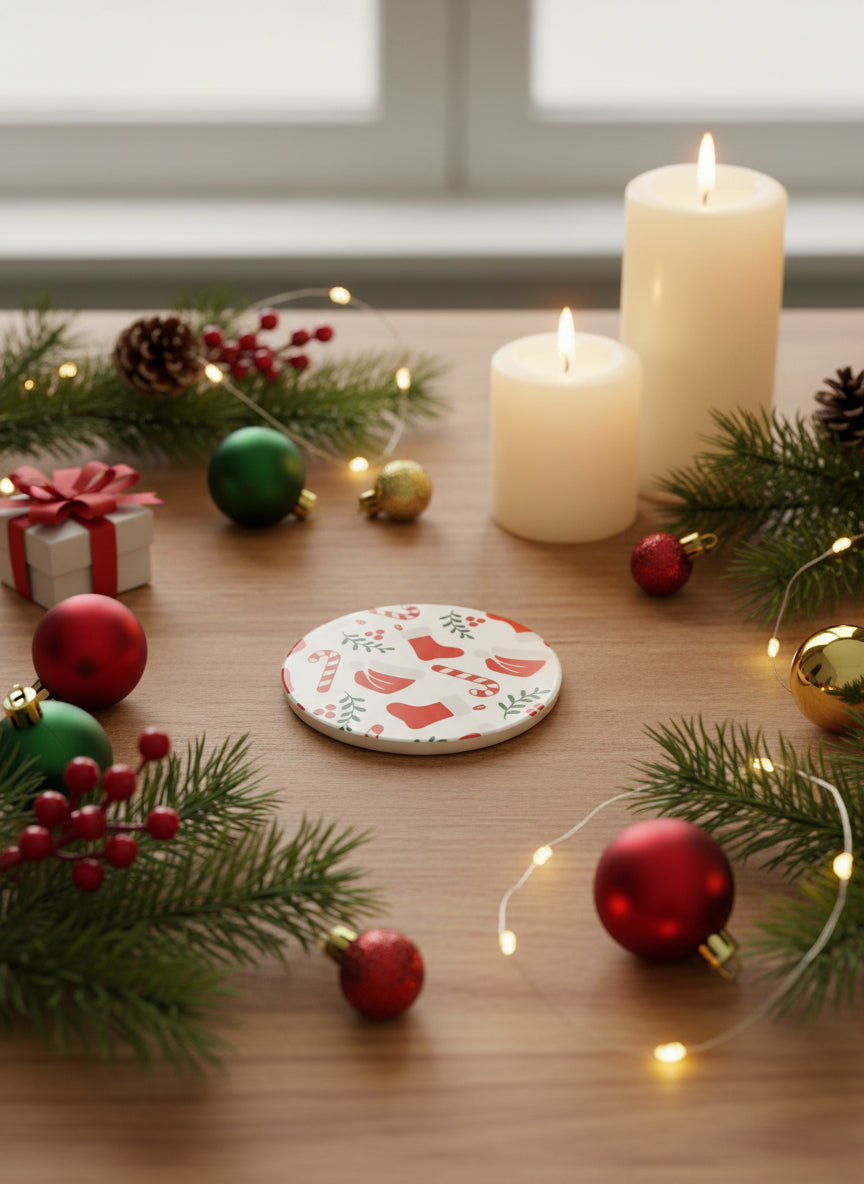 Decorative coasters with Christmas stockings, Santa hat, candy cane and green foliage design on a wooden surface surrounded by candles, ornaments, holly and a gift box, Roxzell.