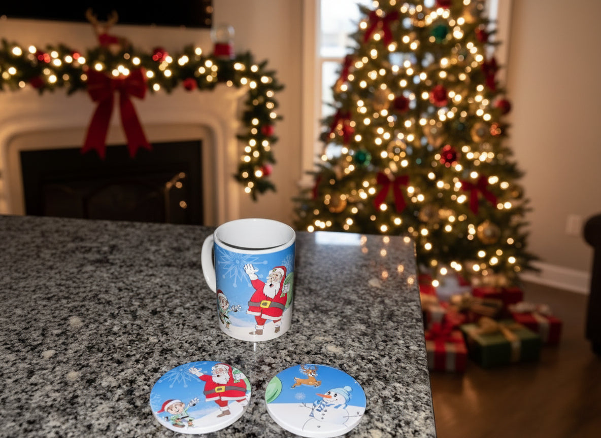 Mug with Santa Claus design on a gray countertop, accompanied by matching coasters.