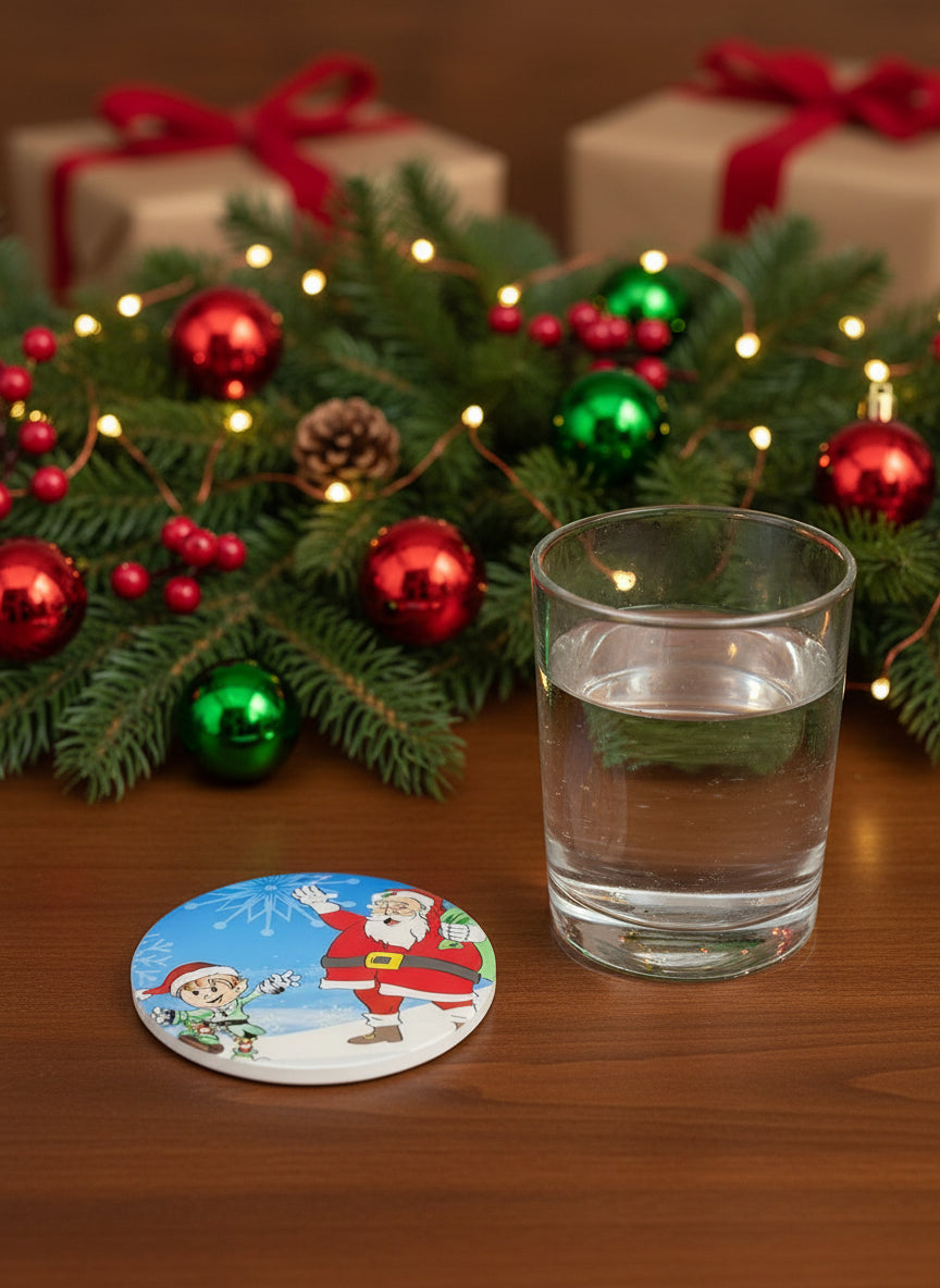 A waving Santa Clause and dancing Elf in the snow drink coaster, Roxzell