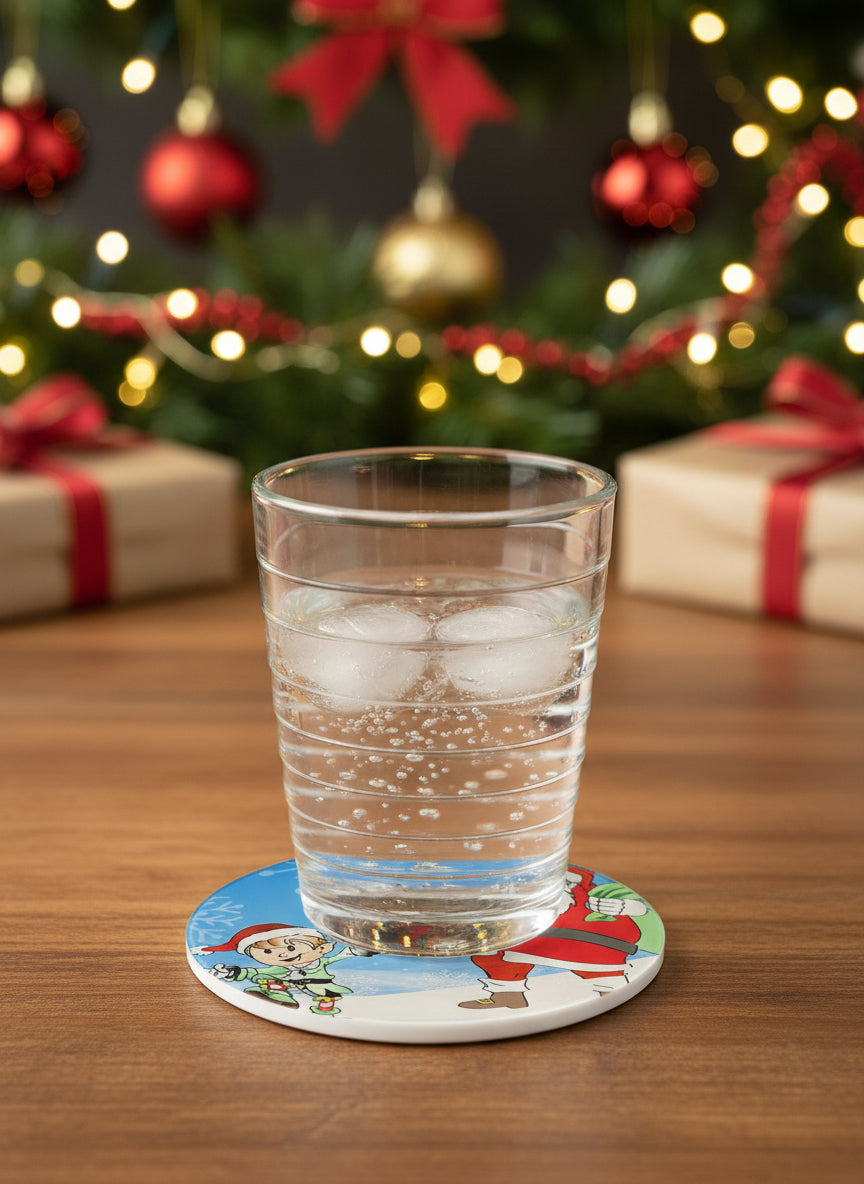 Drink coaster with Santa Clause and his Elf in a snow scene with a glass of water on the coaster, Roxzell