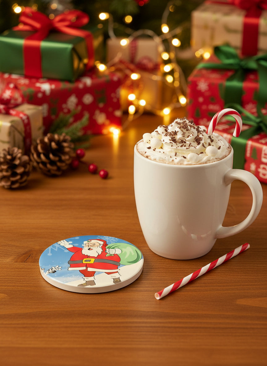 A kitchen coaster with Santa Clause carrying his toy sack standing in the snow waving, Roxzell