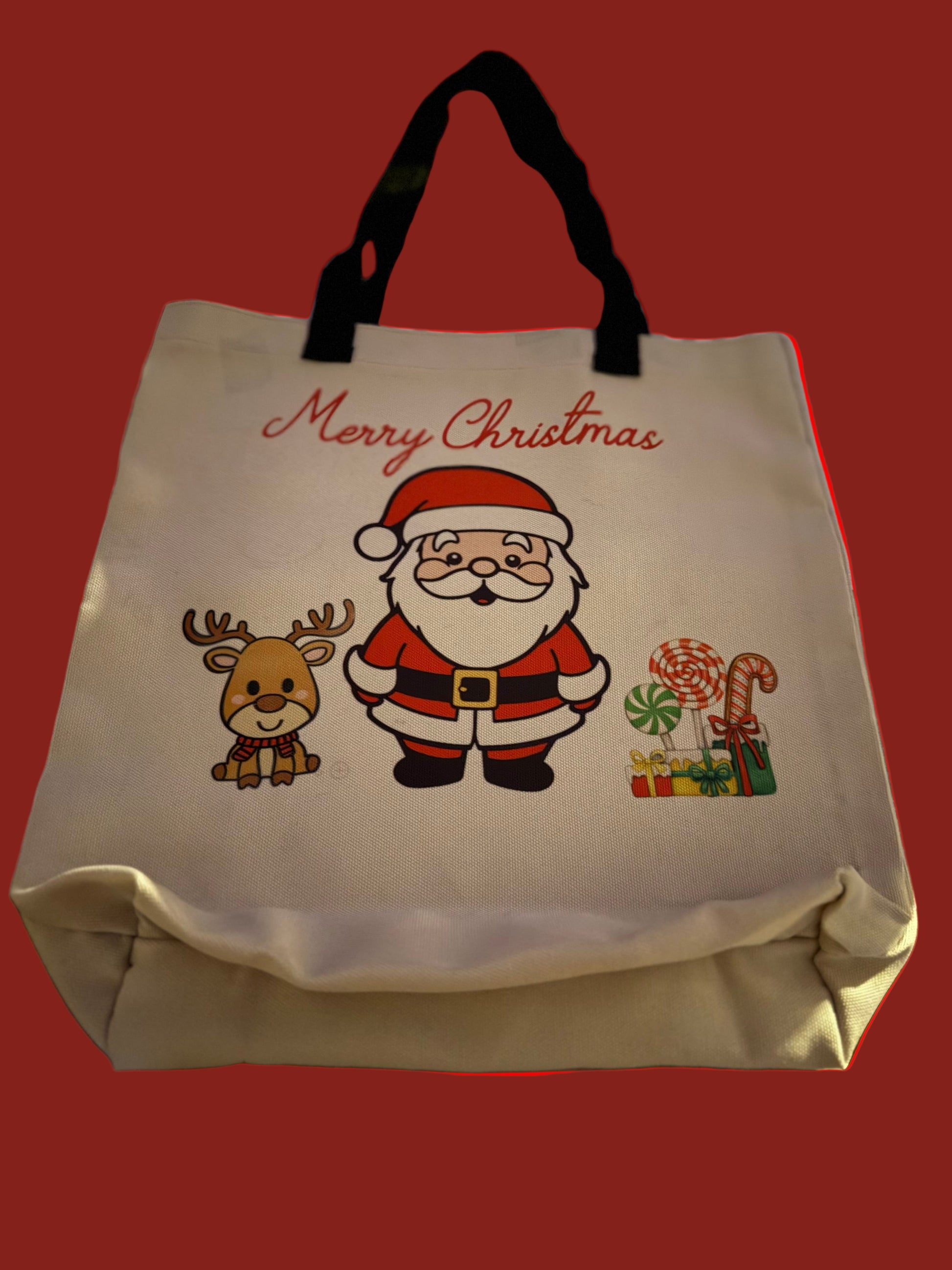 Beige tote bag with Santa Claus and reindeer, and presents design, featuring 'Merry Christmas', Roxzell