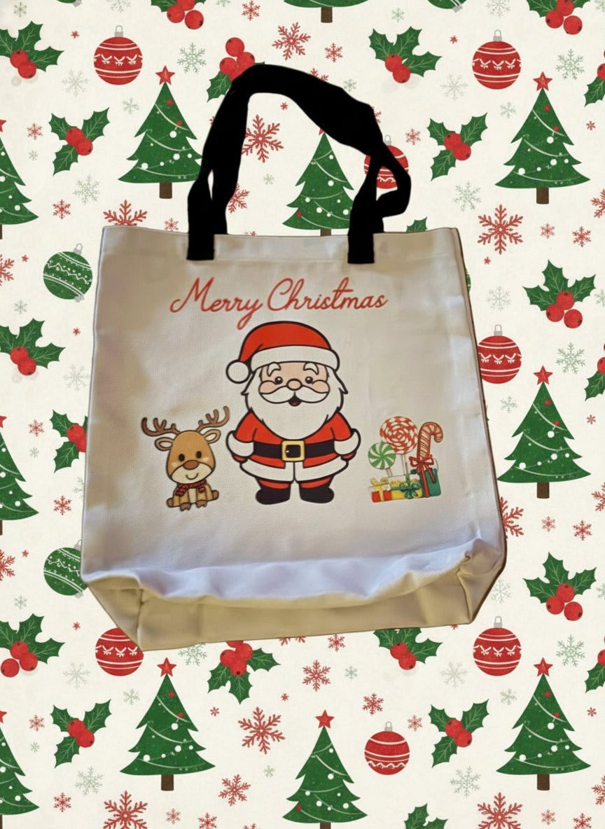 Christmas-themed tote bag with Santa Claus, reindeer and Christmas present design, Christmas tree and ornaments background, Roxzell