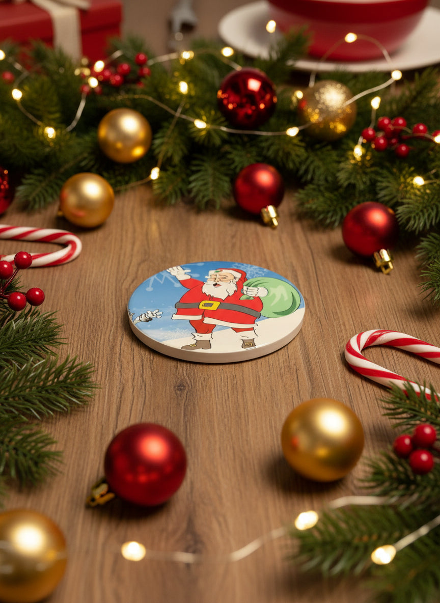 Drink coaster with Santa Clause and his toy sack in a snow scene, Roxzell