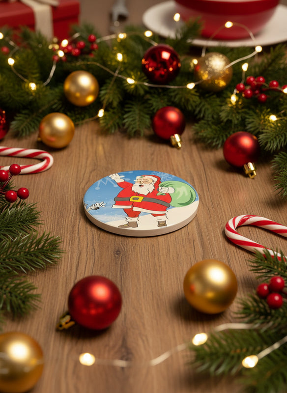 A kitchen coaster with Santa Clause carrying his toy sack standing in the snow waving on a table with Christmas decorations, Roxzell