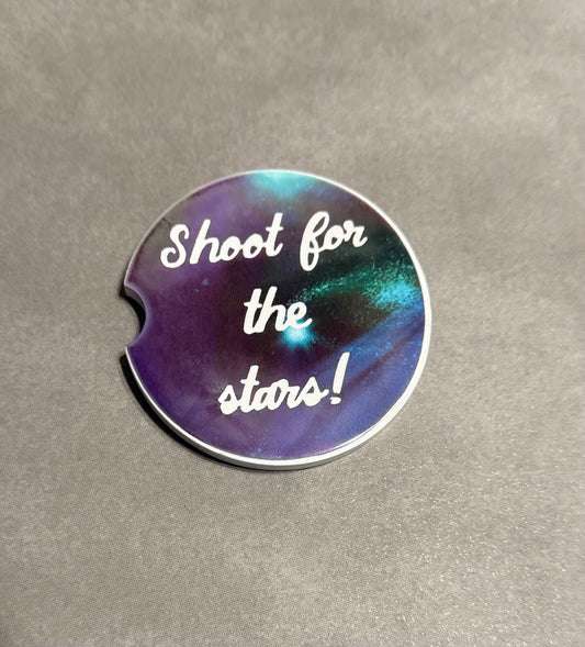 "Shoot for the Stars" car coaster with purple, black and green galaxy background Roxzell