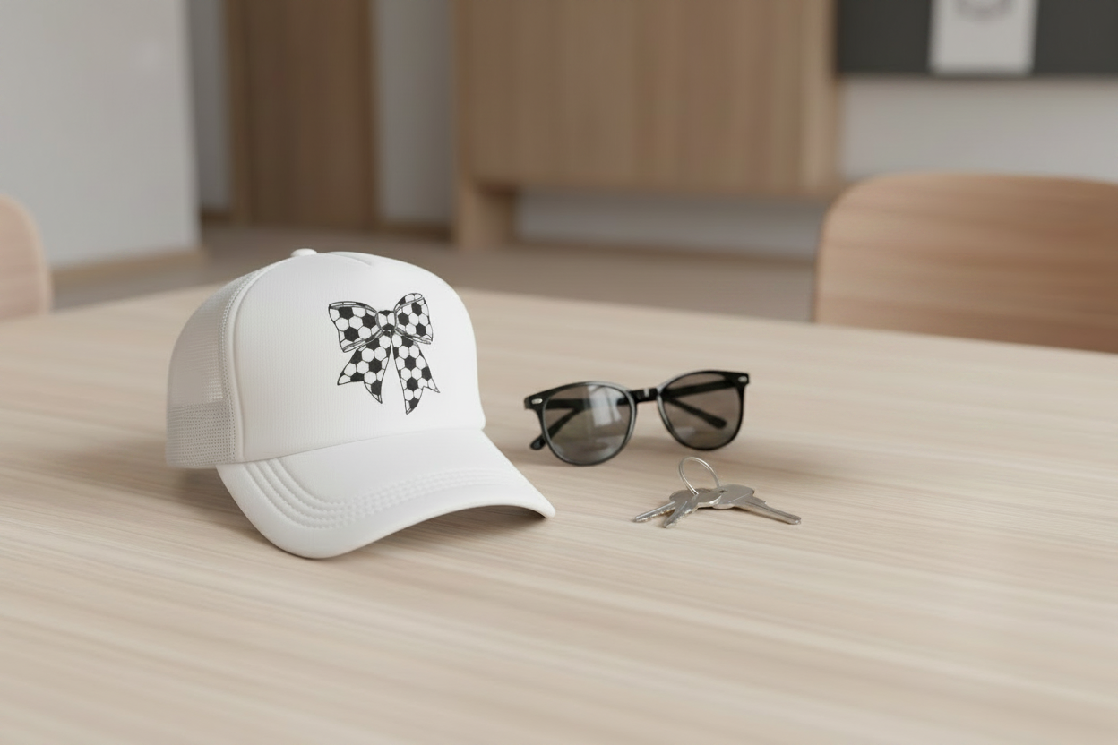 White mesh baseball cap with soccer-pattern bow placed on a wooden table beside sunglasses and keys in a minimalist indoor setting. Roxzell