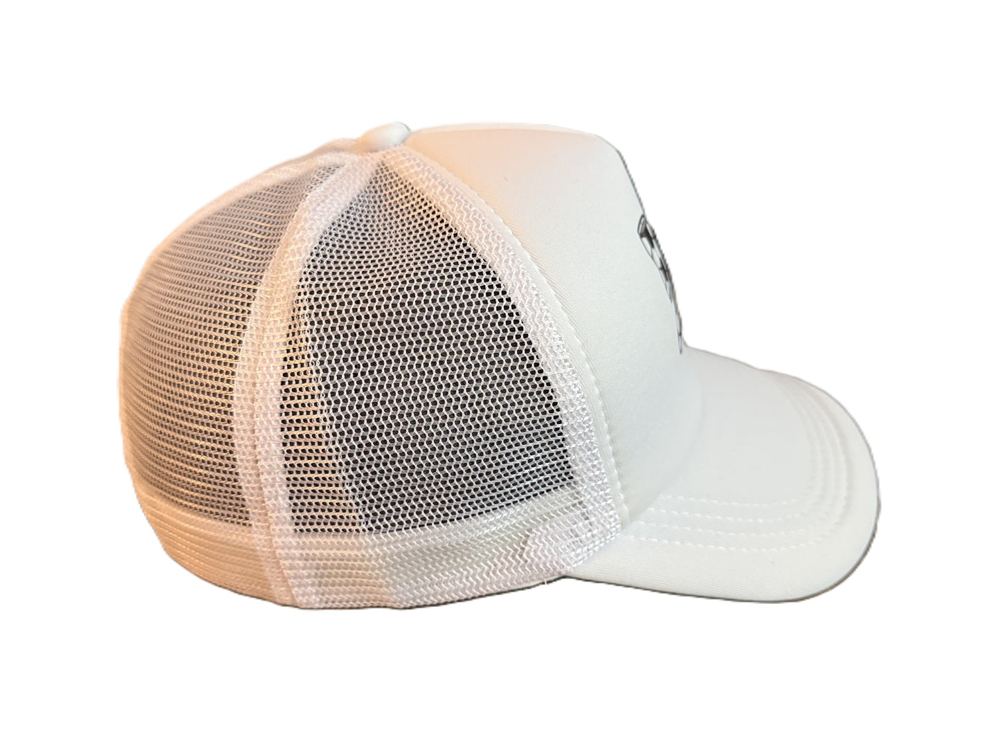 Right side view of a white mesh-back soccer ball bow pattern hat showing the breathable material and curved brim.