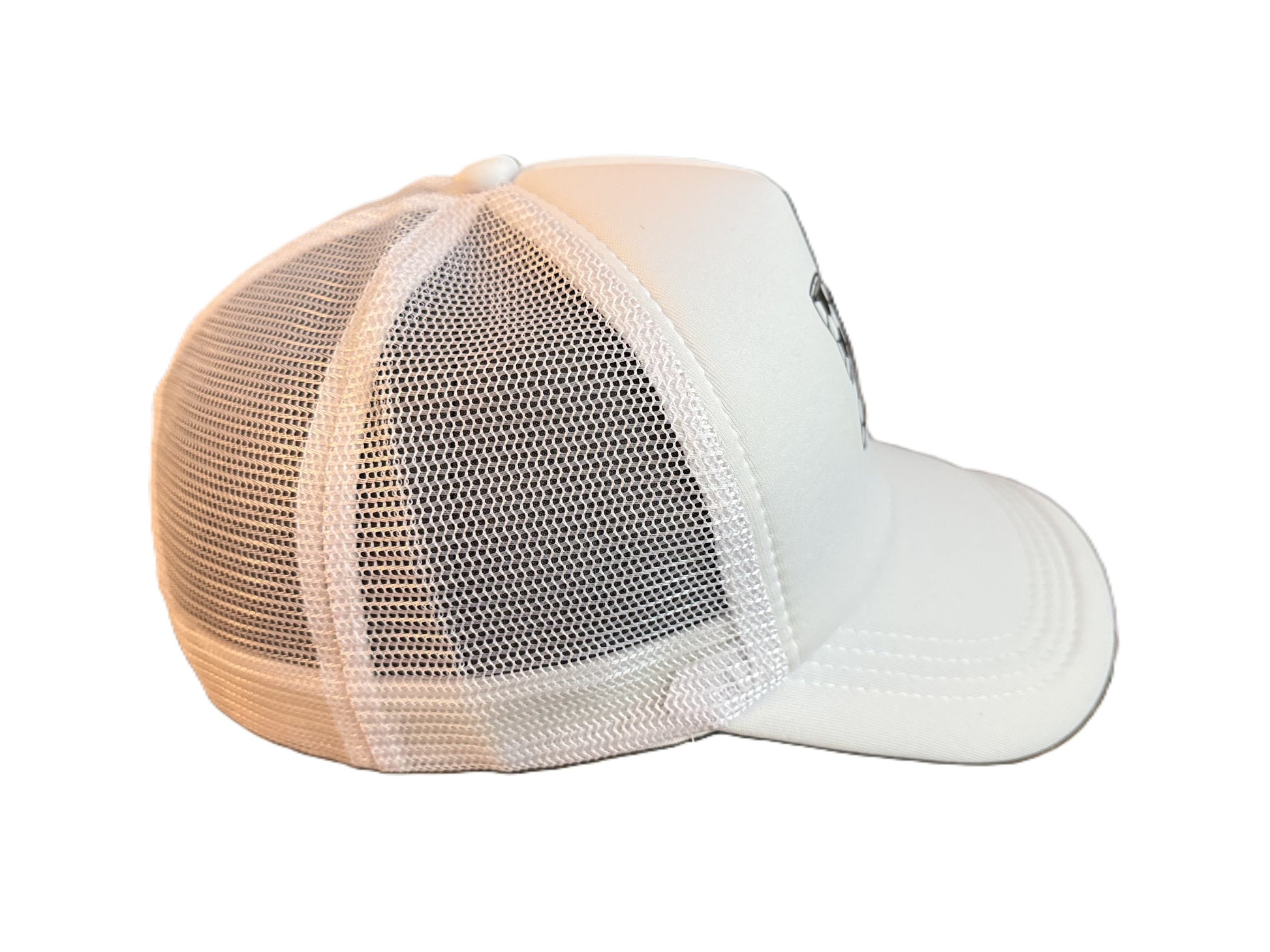 Right side view of a white mesh-back soccer ball bow pattern hat showing the breathable material and curved brim.