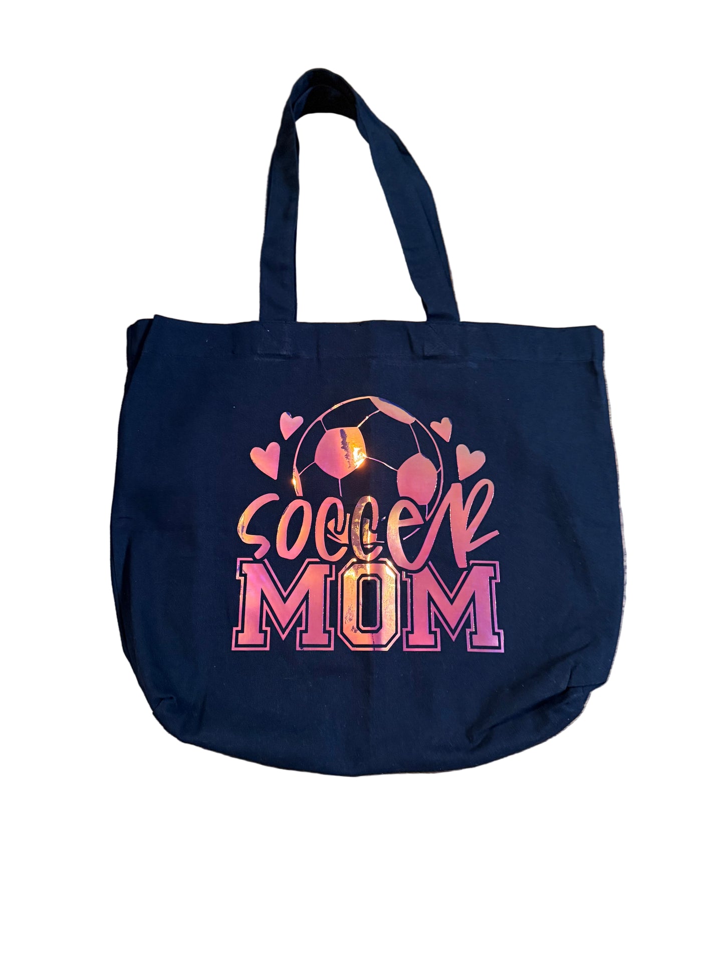 Black tote bag with holographic soccer ball and soccer mom design, Roxzell
