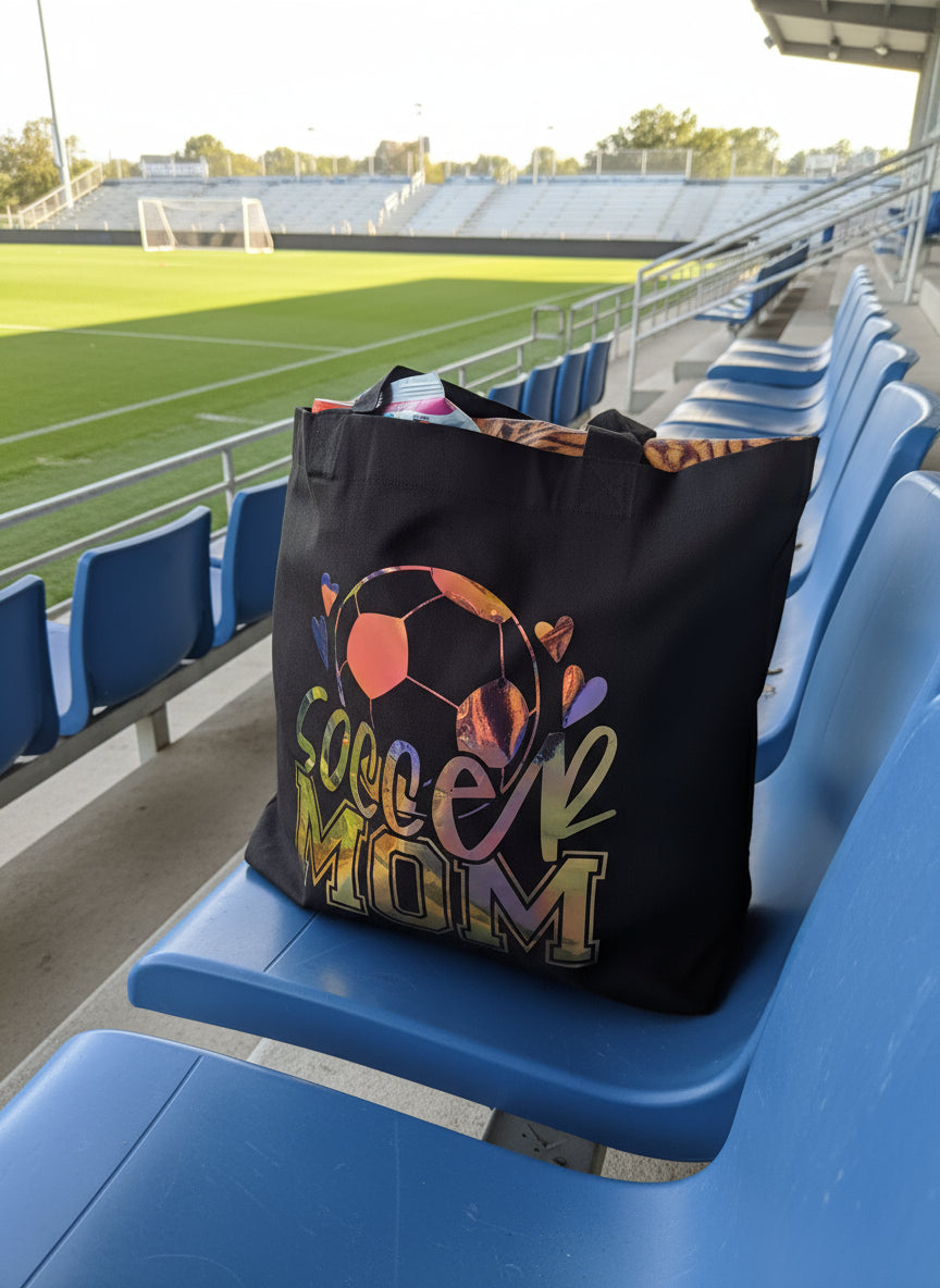 Black tote bag with holographic soccer ball and soccer mom design, Roxzell