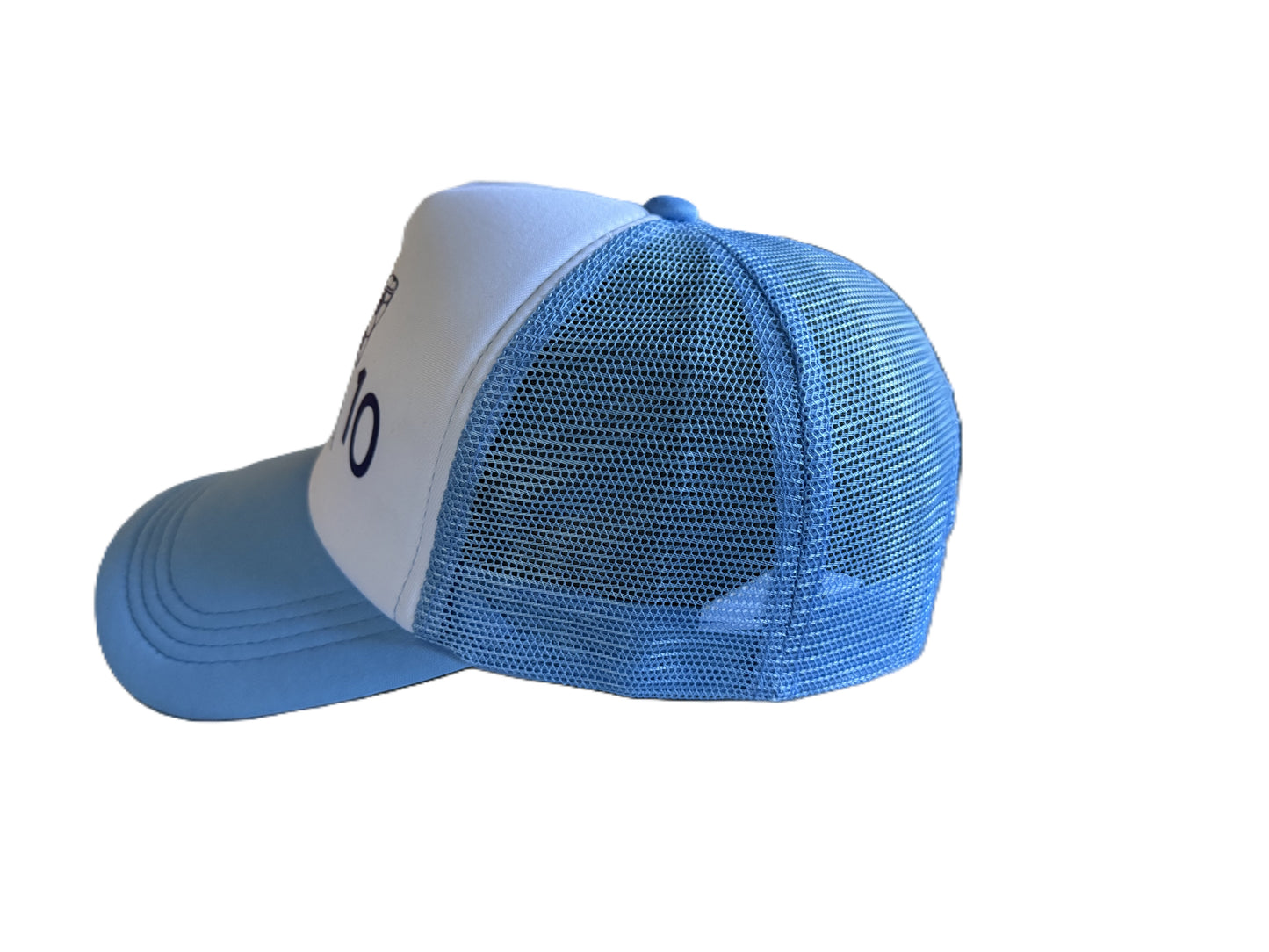 Left side view of a light blue and white trucker hat with a white front panel, light blue brim, and light blue mesh back. Roxzell