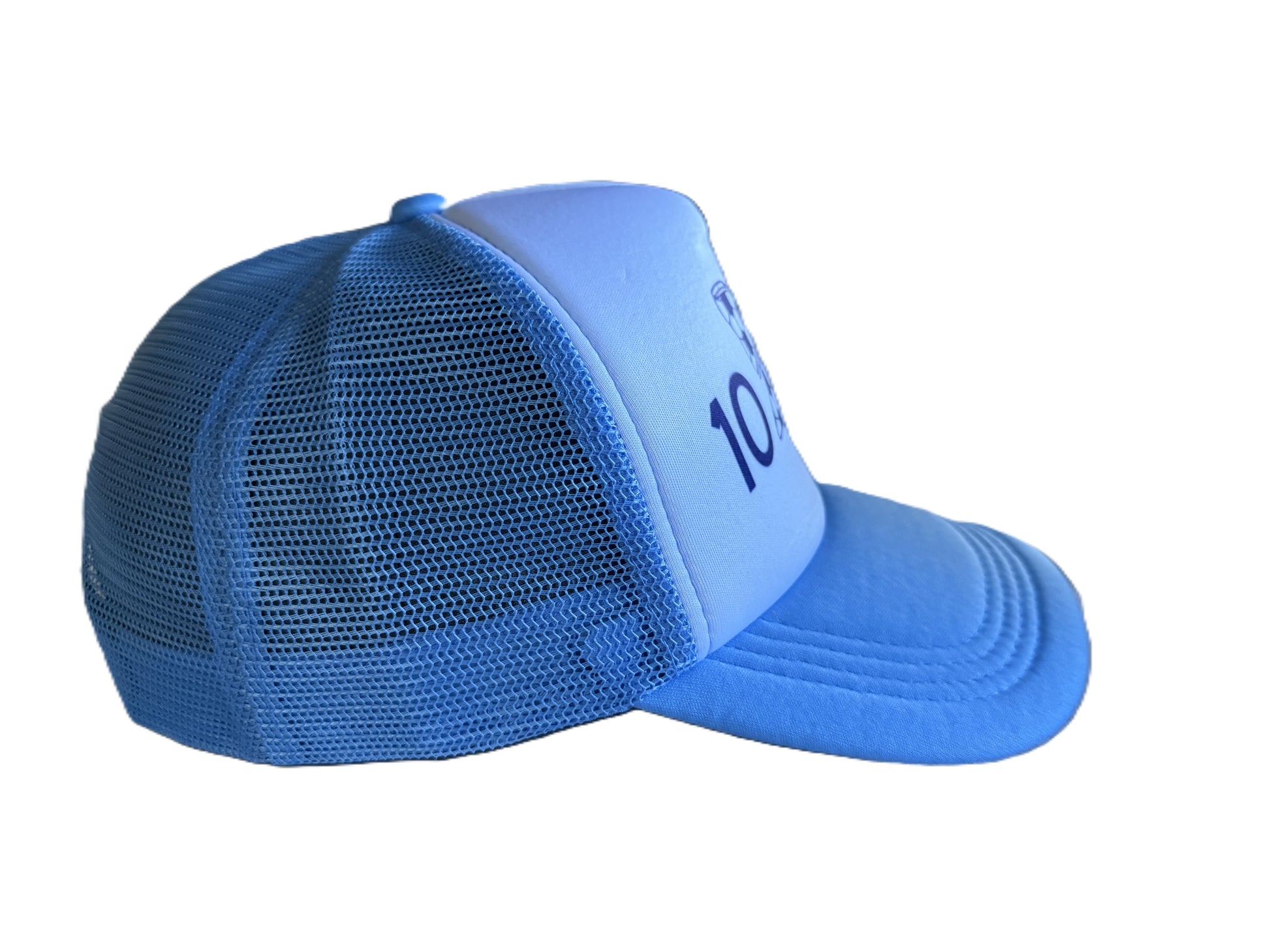 A light blue trucker hat with a solid white front panel, blue mesh back, and a dark blue embroidered '10' on the front, shown against a plain white background.