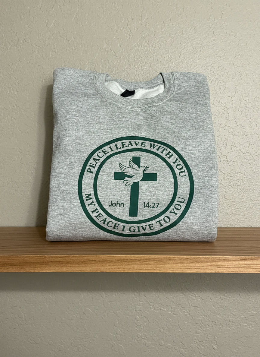Gray sweatshirt with a green cross and dove design with scripture John 14:27 "Peace I Leave With You....", Roxzell