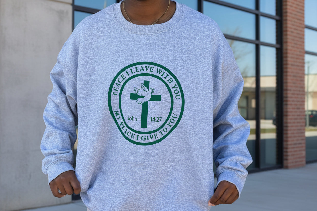Gray sweatshirt with a green cross and dove design with scripture John 14:27 "Peace I Leave With You....", Roxzell