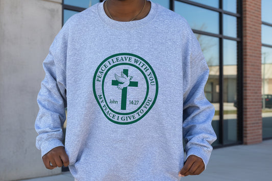 Gray sweatshirt with a green cross and dove design with scripture John 14:27 "Peace I Leave With You....", Roxzell
