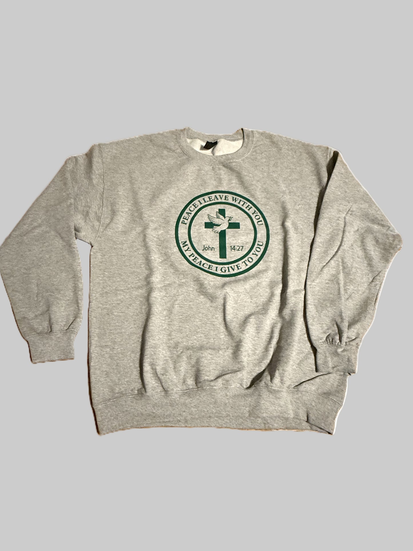 Gray sweatshirt with a green cross and dove design with scripture John 14:27 "Peace I Leave With You....", Roxzell