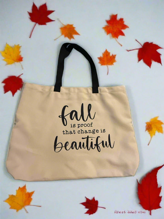 Reverse side of 'Thankful Grateful Blessed' tote bag with 'fall is proof that change is beautifull' saying,  black strap, Roxzell