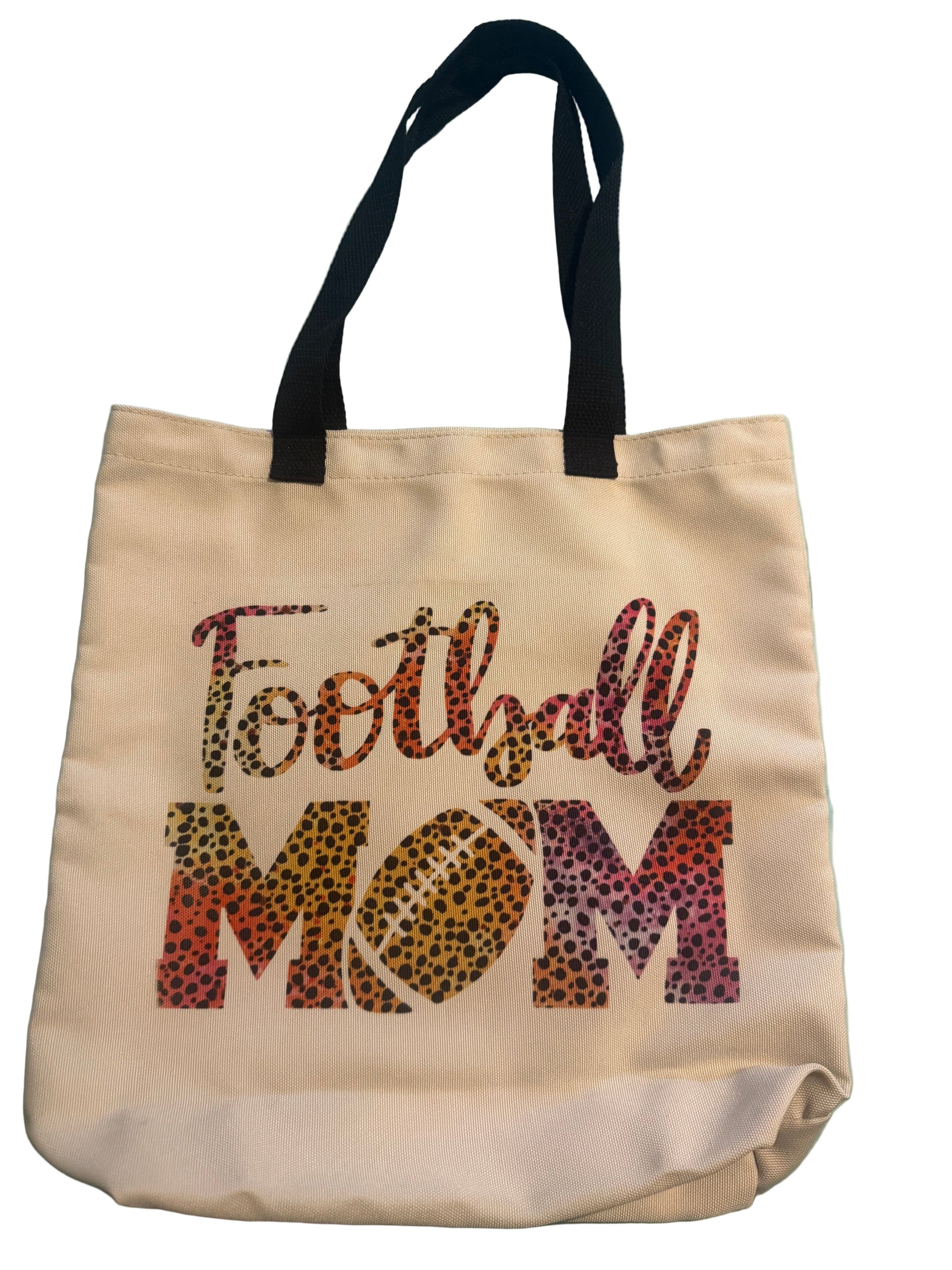 Tan canvas tote bag with animal print Football Mom design, black strap, Roxzell