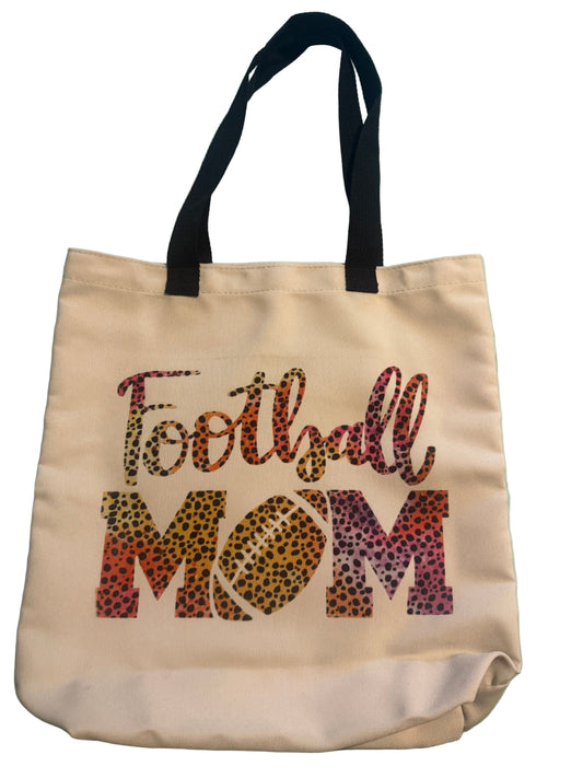 Tan canvas tote bag with animal print Football Mom design, black strap, Roxzell