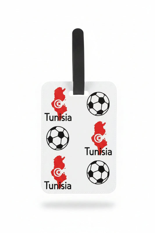 White luggage tag with red Tunisia map and soccer balls. Roxzell