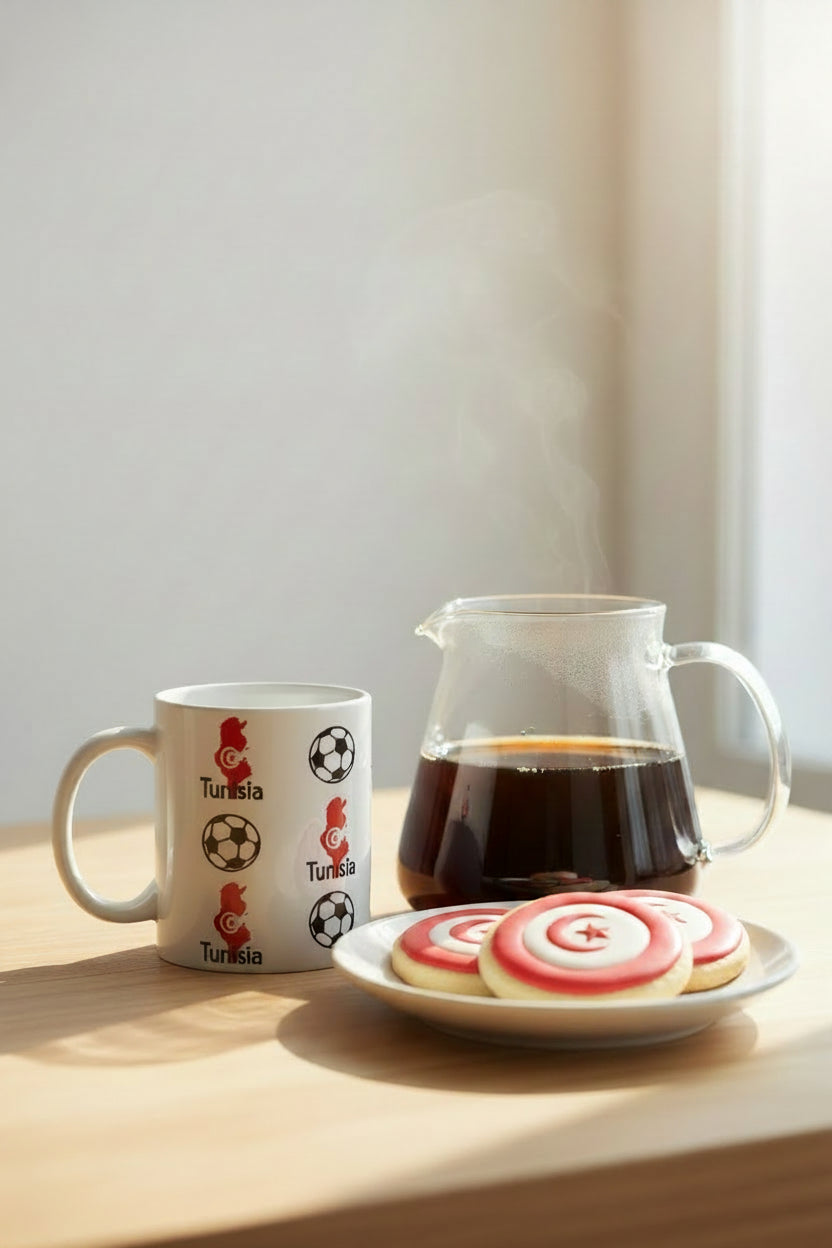 Glossy white mug printed with Tunisia map and soccer ball pattern beside a pot of coffee and plate of cookies on a table, celebrating national sports enthusiasm. Roxzell