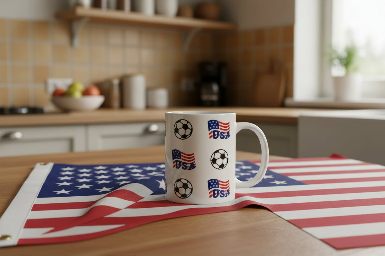 Ceramic mug printed with USA flag motifs and soccer ball graphics, symbolizing American soccer enthusiasm and team spirit.