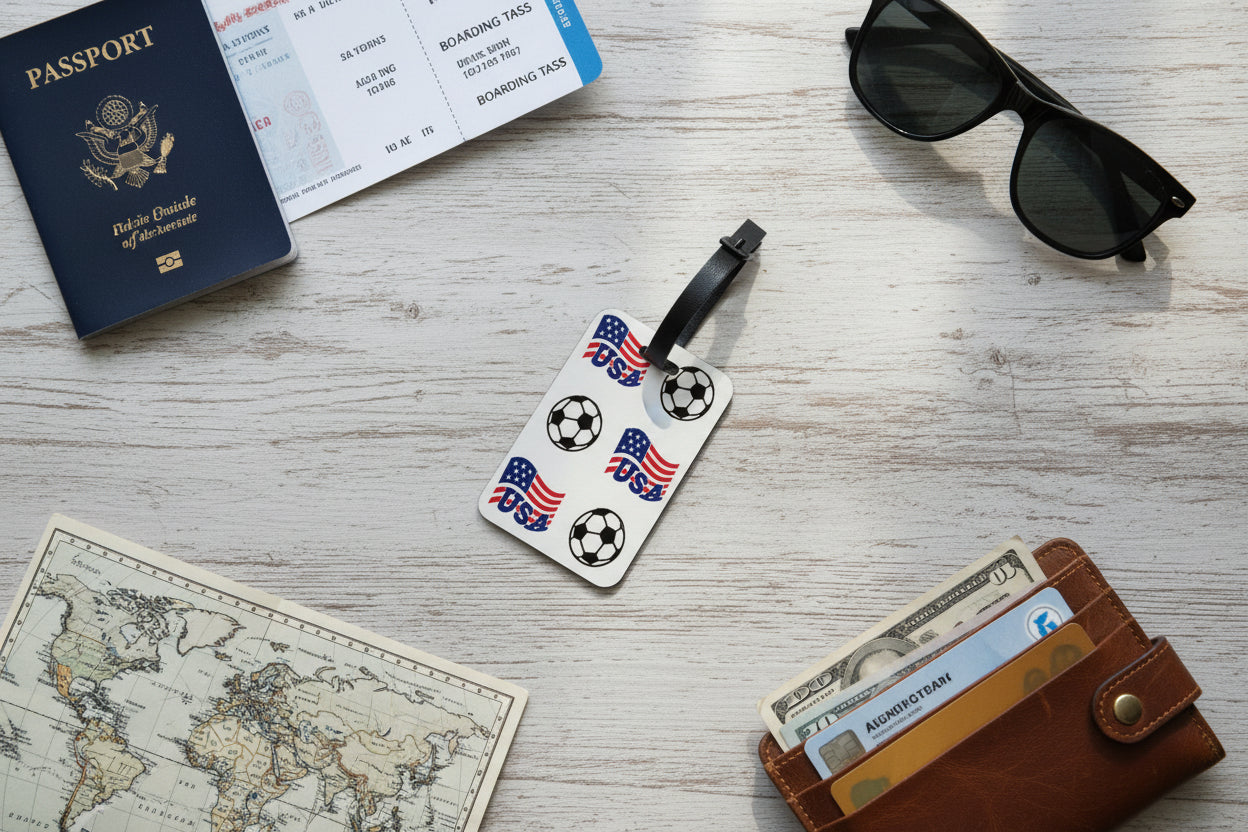 USA flag and soccer ball pattern printed on durable tag on a table with a passport, boarding pass, sunglasses, map and wallet. Roxzell