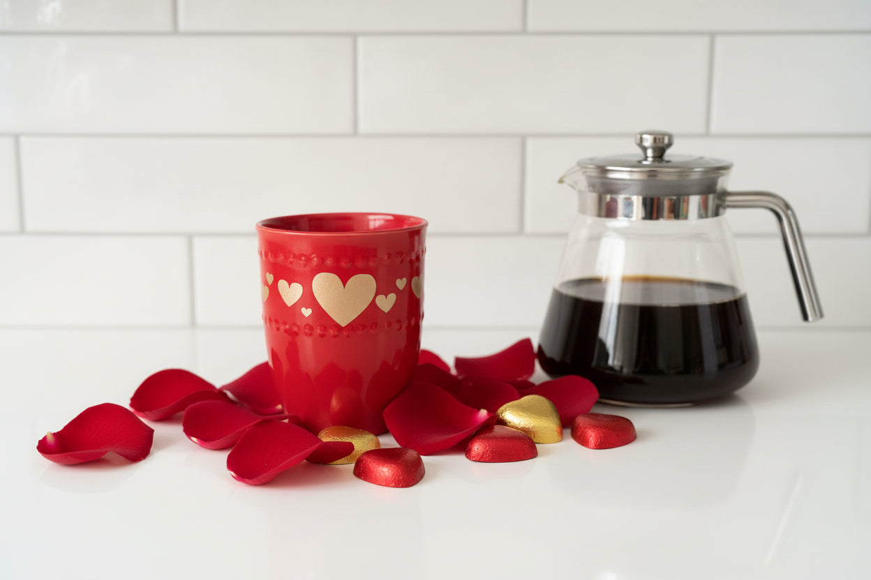 Red Valentine's Day mug with gold hearts on a white countertop with rose petals and chocolate around the mug and a coffee pot on the side, Roxzell