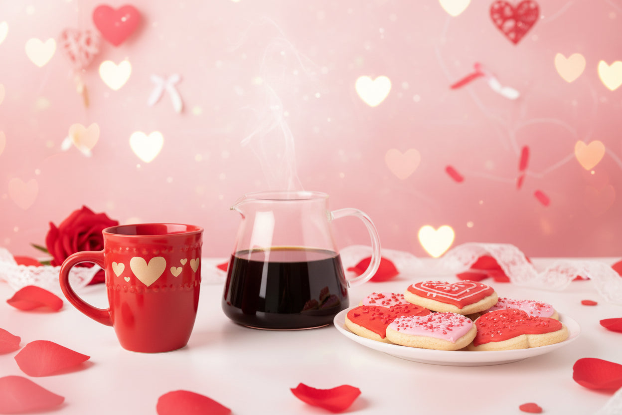 Red mug with gold heart designs on a white table with a coffee pot and Valentine's Day cookies, Roxzell