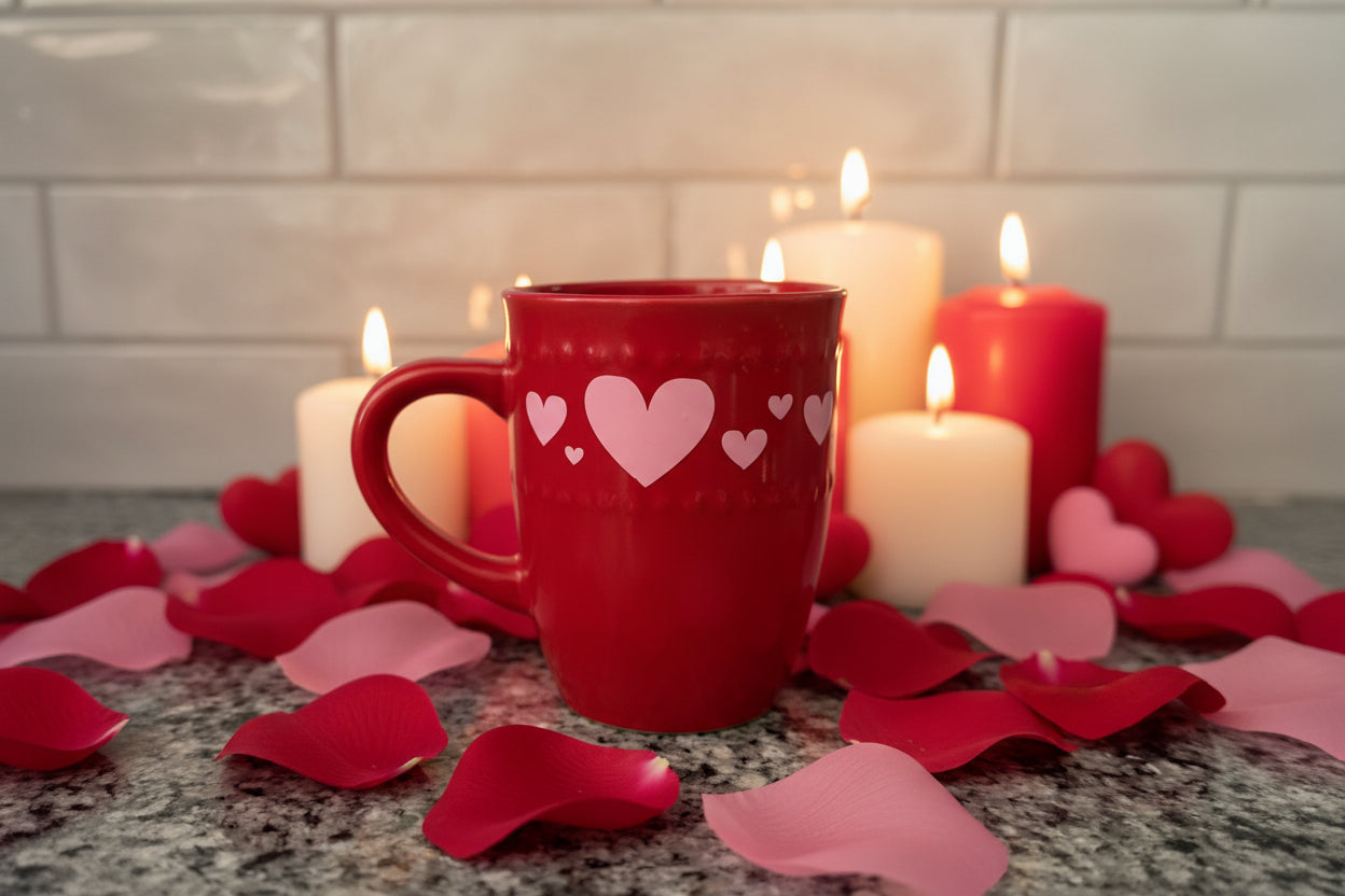 Close-up of red coffee cup with heart pattern on kitchen counter surrounded with red and pink rose petals and candles, Roxzell