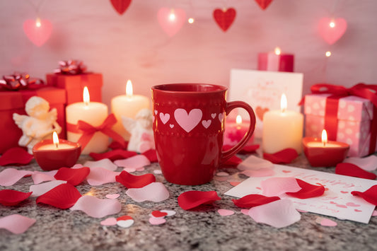Red ceramic mug with pink hearts on granite countertop surrounded by pink and red rose petals, candles, and Valentine's Day gift boxes, Roxzell