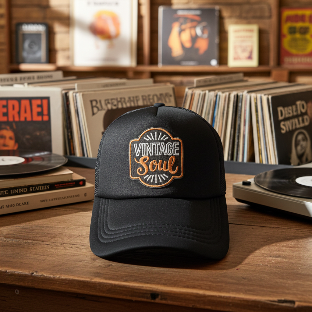 A black trucker-style cap with a 'Vintage Soul' embroidered patch on the front, displayed on a wooden table surrounded by vinyl records and records in a record store setting. Roxzell