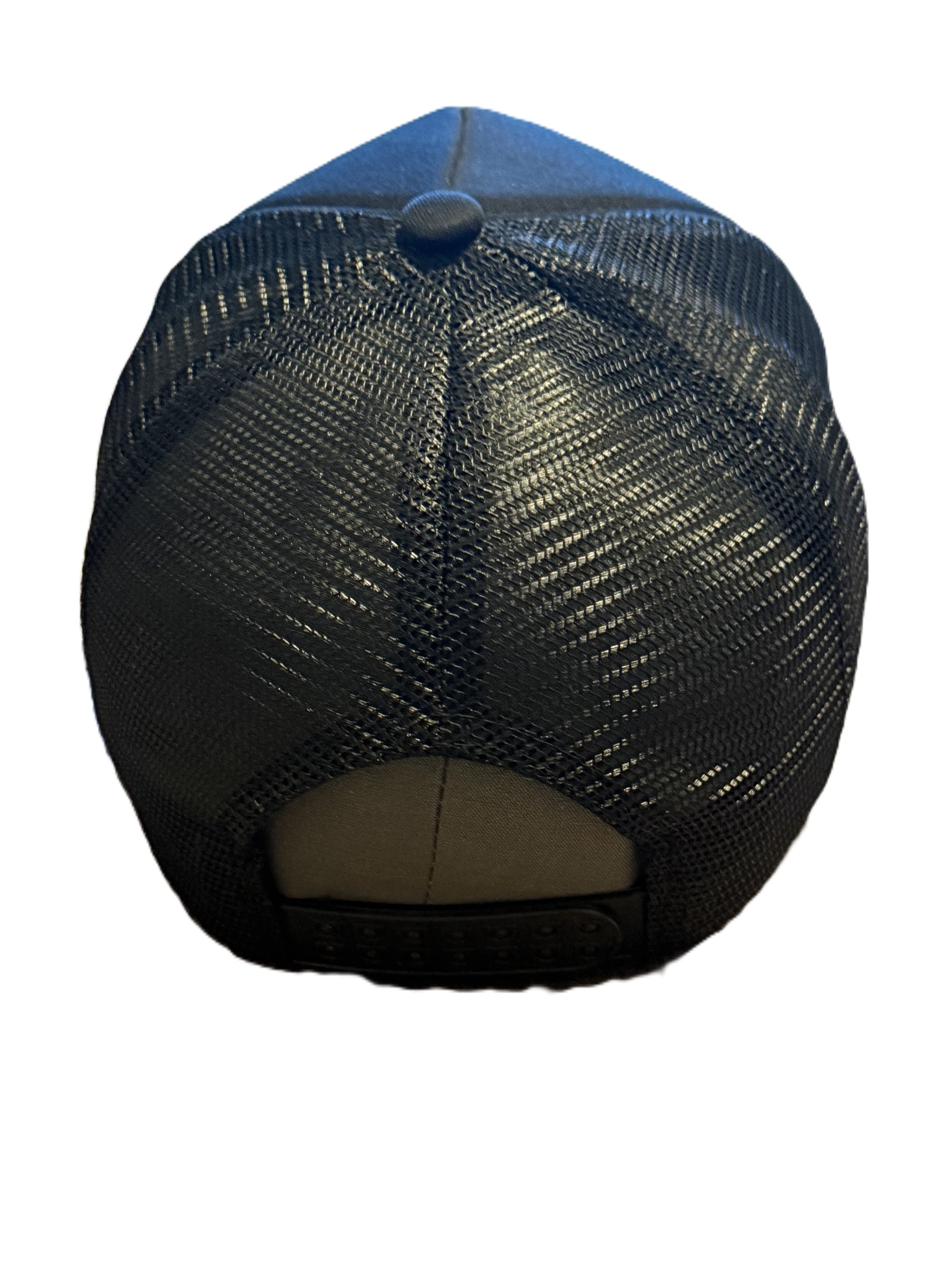 Rear view of black Vintage Soul trucker cap with a black mesh back and a dark button on the crown, on a white background. Roxzell
