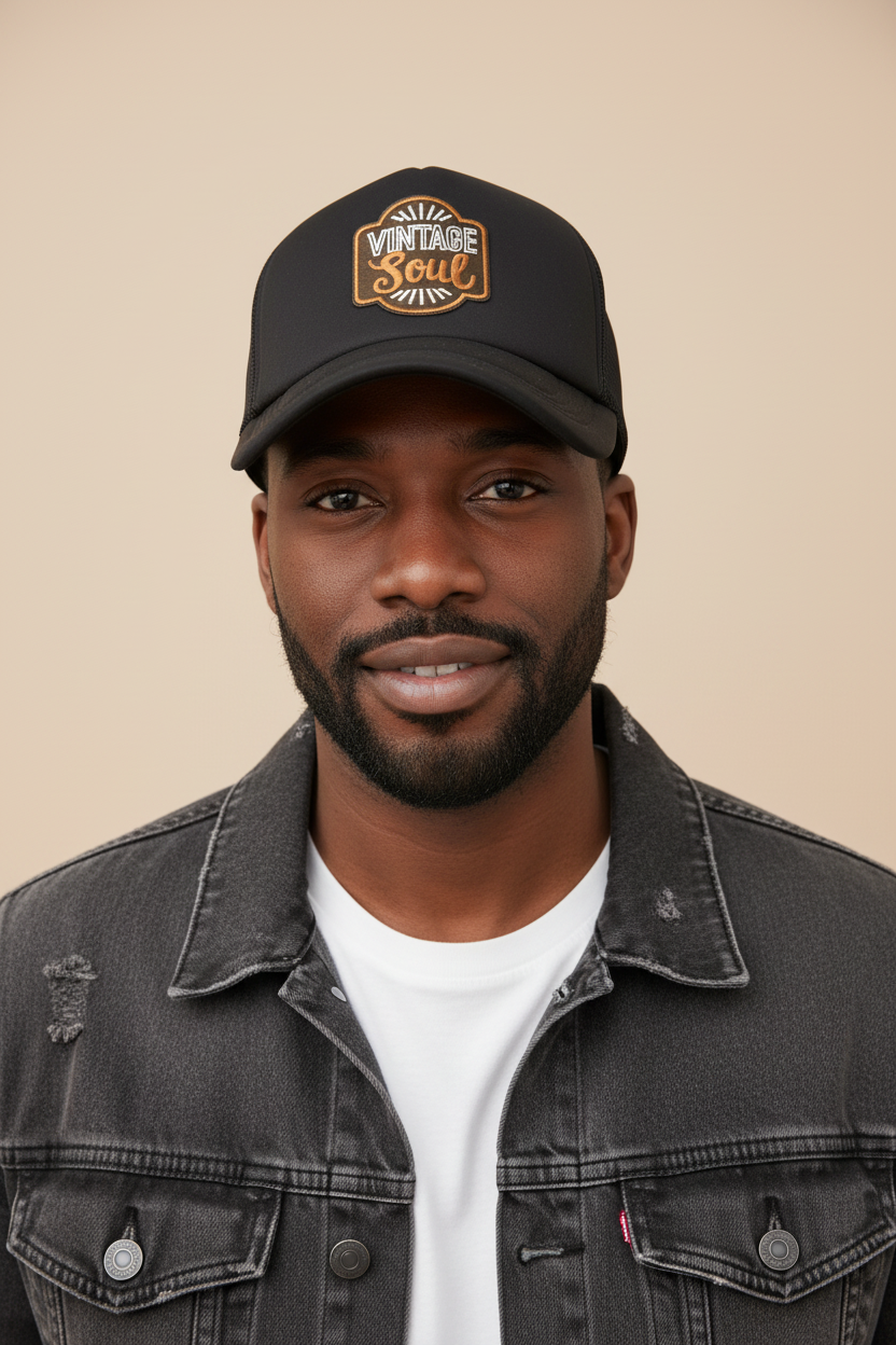 African American man wearing a black trucker hat with a bronze and white Vintage Soul patch.  Roxzell