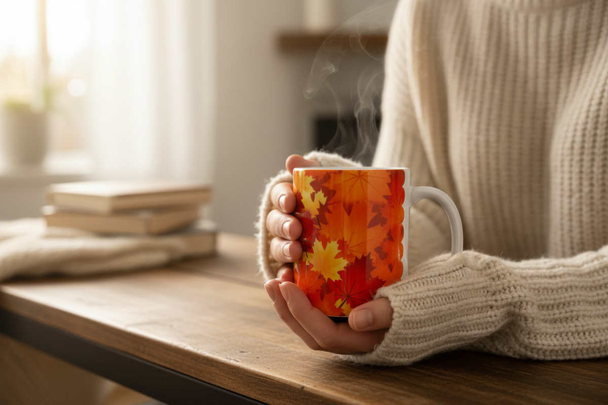 A person in a cream knit sweater holds a white mug with a bright orange and red autumn leaf pattern, with steam rising from the top, set on a wooden table in a warm indoor setting. Roxzell