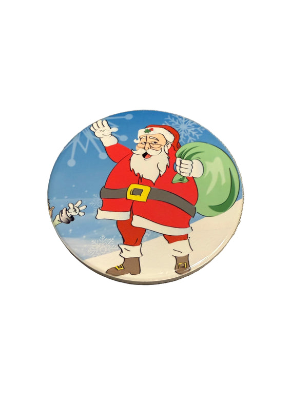 A kitchen coaster with Santa Clause carrying his toy sack standing in the snow waving, Roxzell