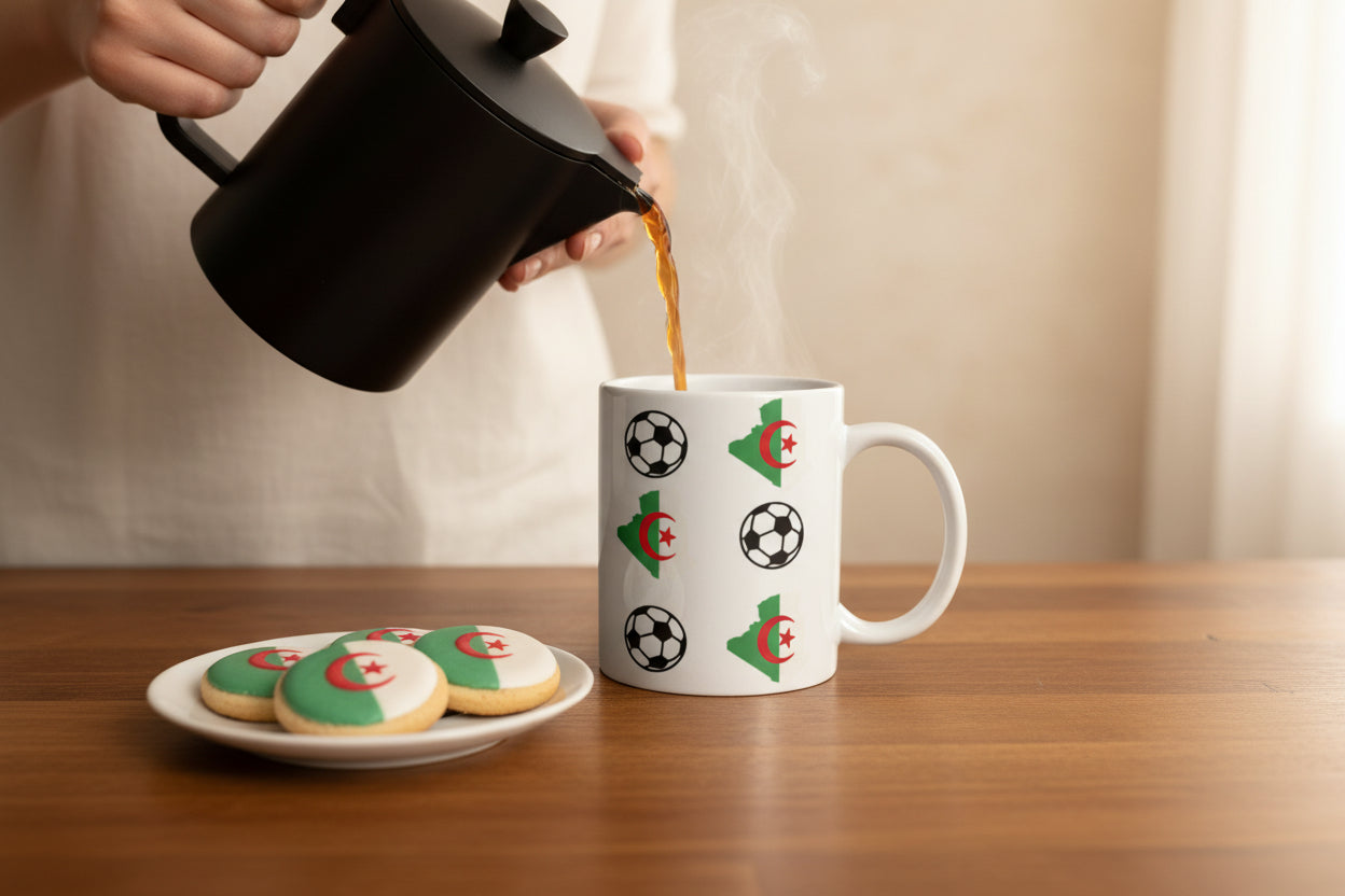 Person pouring coffee into a glossy white ceramic mug printed with Algeria flag shapes and soccer ball pattern on table with a plate of cookies decorated like the Algeria flag, ideal for sports fans. Roxzell