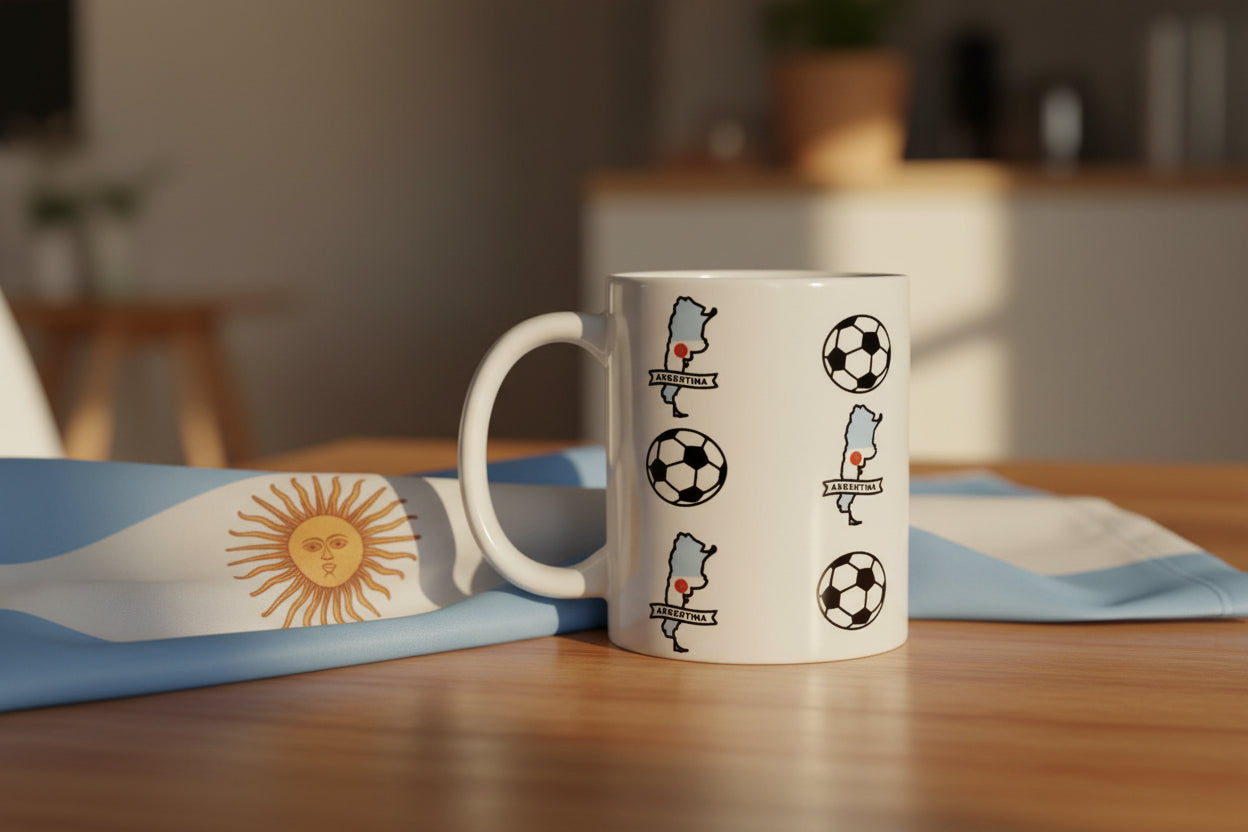 White ceramic mug printed with Argentina map and soccer ball motifs, placed on a wooden table next to a folded Argentine flag showing the Sun of May under warm sunlight.