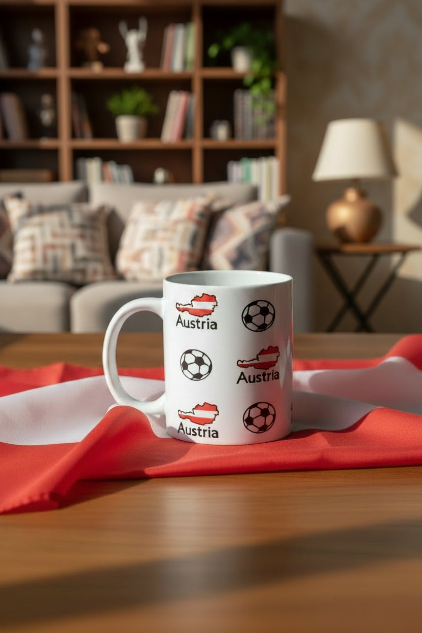 White ceramic mug with Austria flag shapes and soccer ball graphics on a table in a room scene, ideal for European sports fans and collectors.