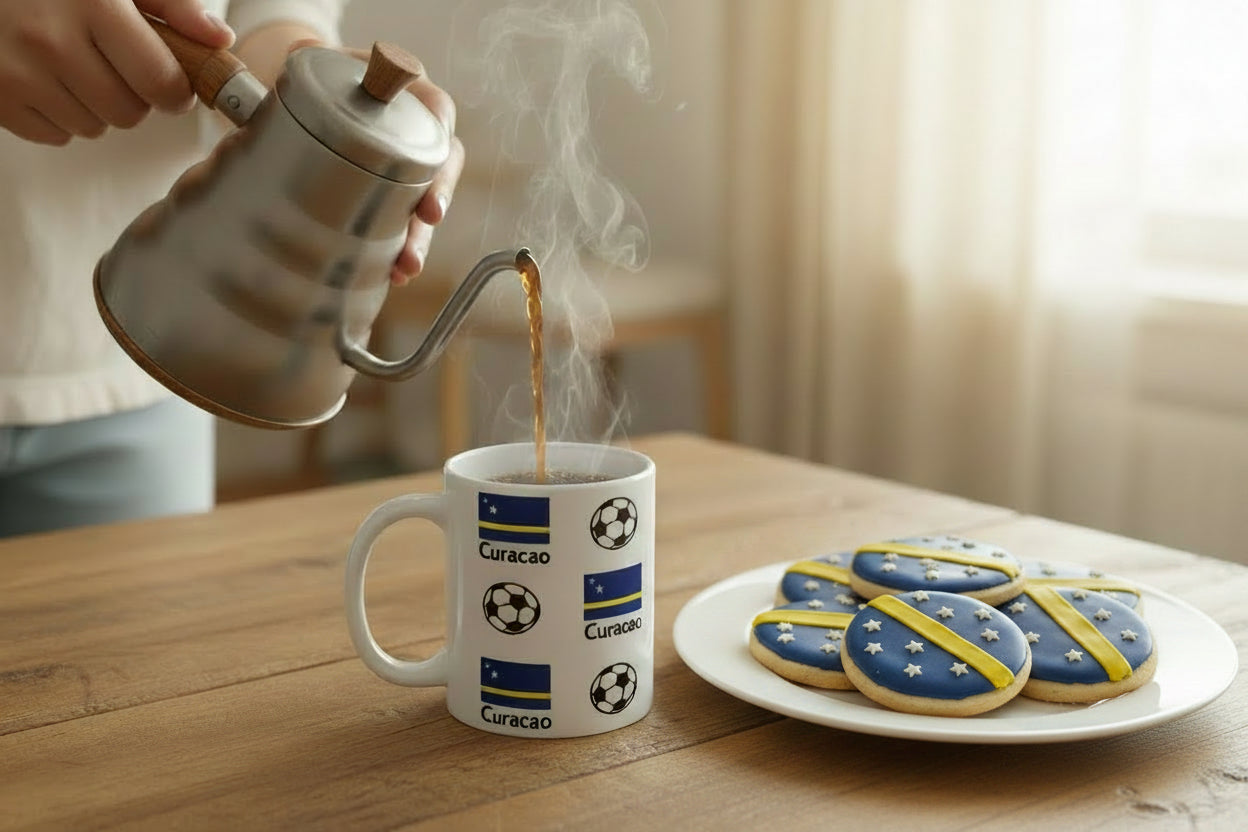Person pouring coffee into a white ceramic mug decorated with Ecuador’s flag colors and soccer balls beside a plate of cookies decorated like the Curacao flag, perfect for South American football fans. Roxzell