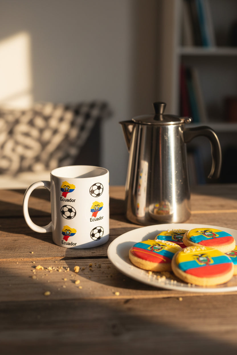 White ceramic mug decorated with Ecuador’s flag colors and soccer balls on a table beside a coffee pot and cookies decorated like the Ecuador flag, perfect for South American football fans. Roxzell