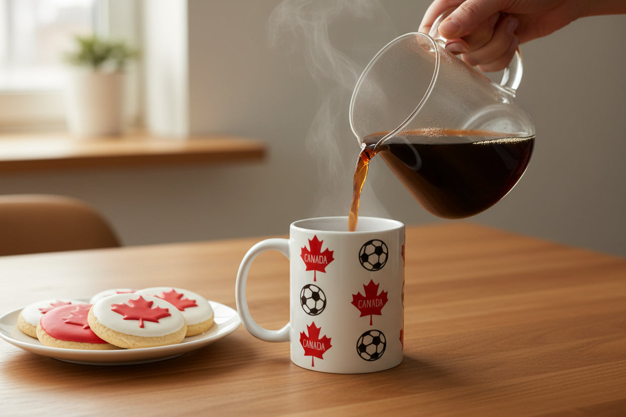 Person pouring coffee into a white ceramic mug with repeating red maple leaf and soccer ball design beside a plate of cookies decorated like the Canadian flag, ideal for Canadian sports fans and collectors. Roxzell