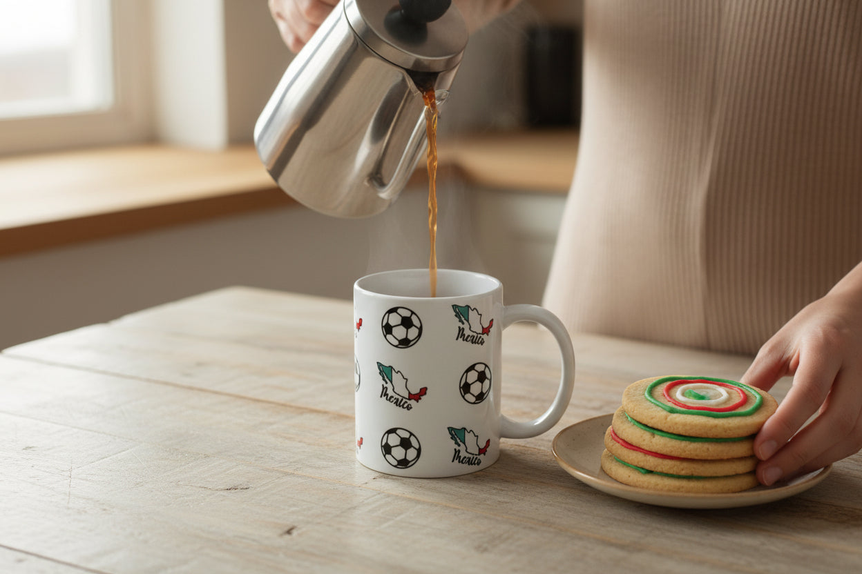Person pouring coffee into a white ceramic mug with repeating Mexico map and soccer ball design with cookies decorated with Mexico flag colors on a saucer, perfect for Latin American sports supporters. Roxzell