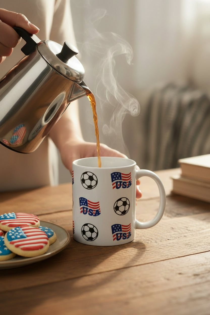 White ceramic mug with repeating USA flag and soccer ball design, ideal for patriotic sports fans and collectors.